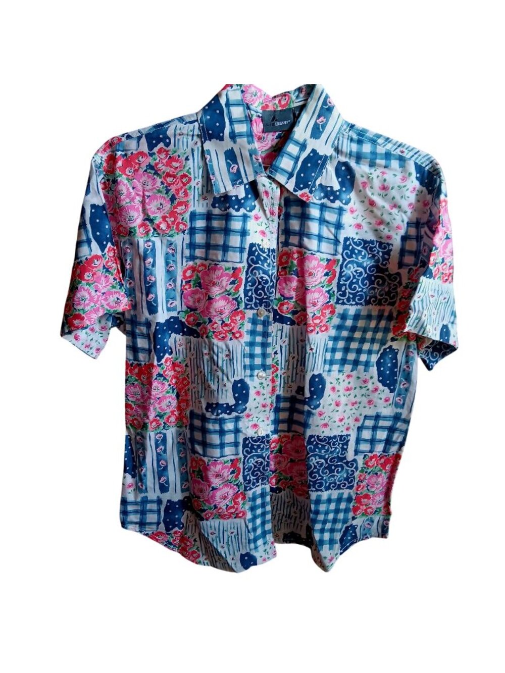 Vintage Lizwear Floral & Plaid Patchwork Button-Up Shirt Medium 100% Cotton